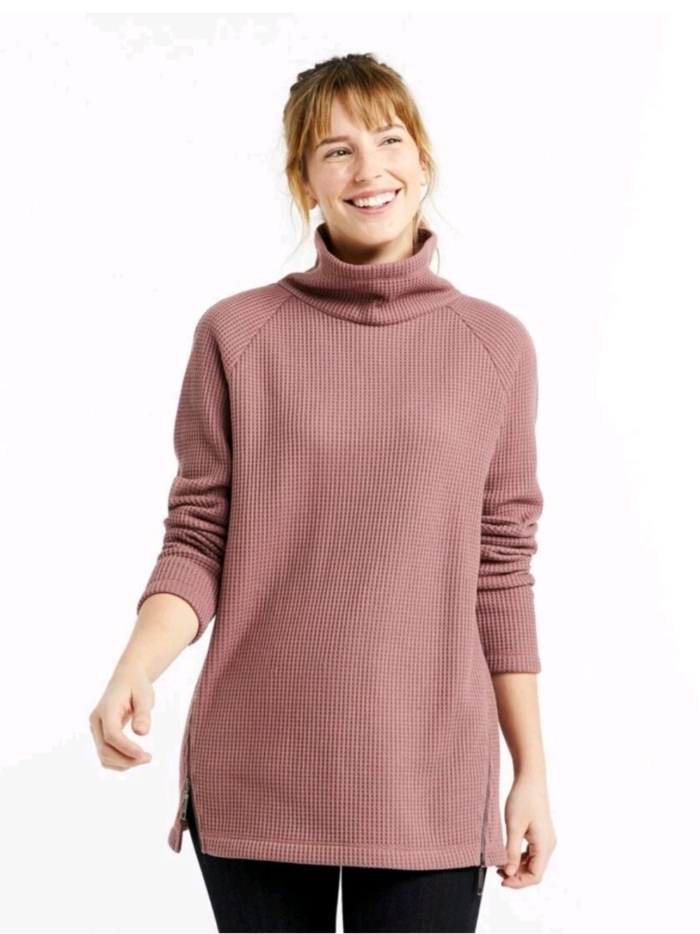LL Bean Signature M Mock Neck Waffle Knit Tunic Sweater Side Zip 4004-